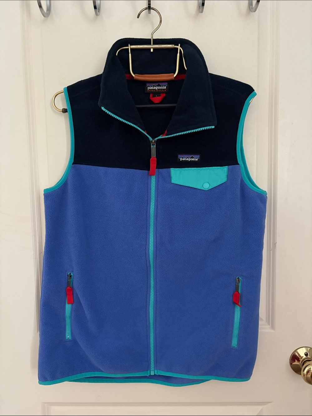 Patagonia Blue Fleece Vest with Black Yoke and Teal Trim